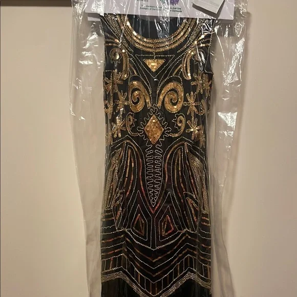 Elegant Black and Gold Embellished Dress 20s Flapper style Medium Great Gatsby - Picture 4 of 17